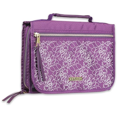 Christian Art Gifts Grace Badge Floral Women's Tri-Fold Organizer Bible Cover Zipper Closure, Purple Canvas, Large