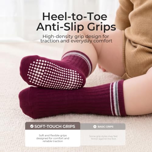 Image of Toddler Non Slip Cotton Crew Socks with Grips for Baby Boys Girls