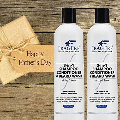 Fragfre 3 In 1 Shampoo Conditioner And Beard Wash For Men 12 Oz (2-Pack Gift Set) - Unscented Beard Wash For Sensitive Skin - One Step Hair Beard Cleansing And Conditioning - Saves You Time And Money #TOP1