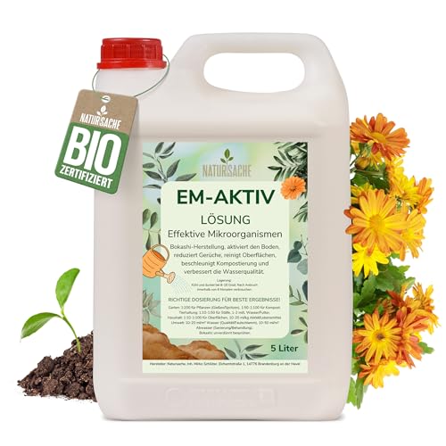Natursache EM-aktiv Lösung | Effektive Mikroorganismen für Garten Tierhaltung Haushalt & Umwelt | Bodenaktivator Geruchsentferner Wasseraufbereiter (5 Liter 1)