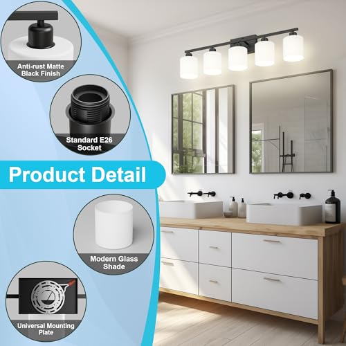 Image of Bathroom Black Lighting Fixtures Over Mirror, Anti-Rust 5-Light Bathroom Vanity Lights,Milky White Glass Shades
