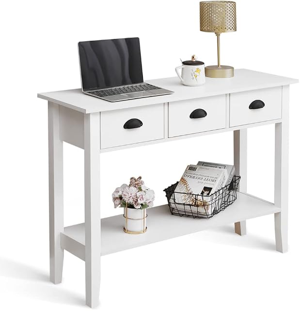 Meerveil Console Table, Hallway Table with 3 Drawers and Storage Shelf Modern Style for Entrance Living Room Bedroom 100 x 34 x 74cm White