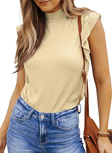 Photo 1 of Asvivid Womens Summer Tops Ruffle Sleeve Ribbed Slim Fit Mock Neck Knit Ribbed Shirt (Medium) Brown 