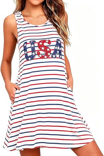Image of Roshop Womens Juneteenth Flag Sleeveless Dress 4th of July Patriotic Swing Sundress with Pockets