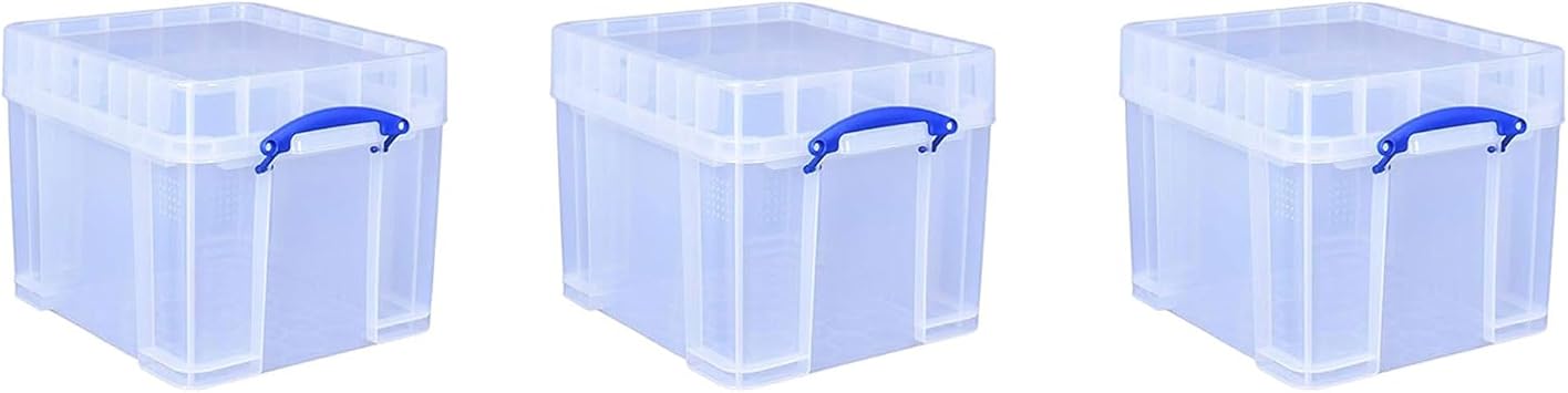 Really Useful Box 35 Liter Plastic Stackable Storage Container with XL Snap Lid & Built-in Clip Lock Handles for Home or Office Organization, 3 Pack