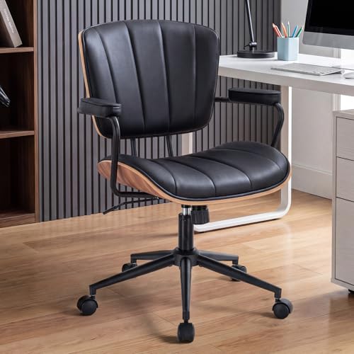 Image of Mid Century Modern Office Chair, Fixed Back Rolling Desk Chair with Armrests and Walnut Back, Adjustable Height for Home Office, Black