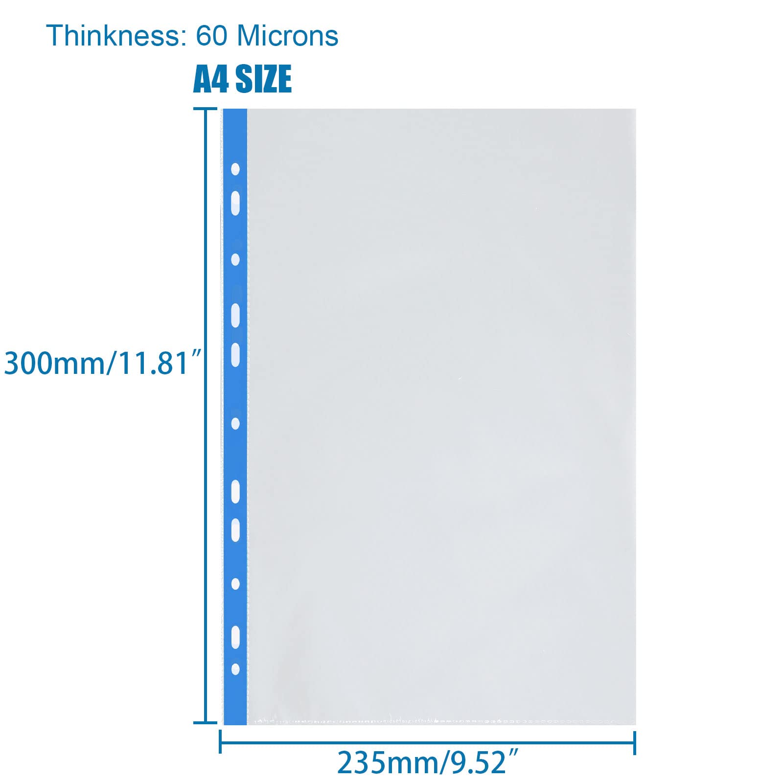 200 Pcs Punched Pockets A4 Clear 60 Micron Strong Plastic Wallet Sleeves, Top Opening Poly Pockets for Ring Binder Folders Blue Edge - Image 2