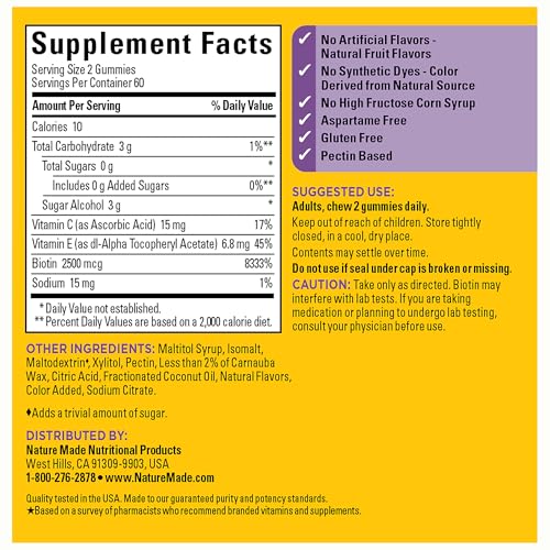 Nature Made Zero Sugar Hair Skin Nails Gummies, Biotin 2500 mcg per Serving, 120 Sugar Free Gummies, 60 Day Supply - Image 6