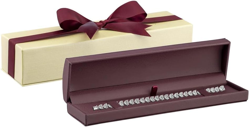 Luxury Dome-Shape Leather Necklace Box - Leather Interior Chain & Necklace Jewelry Gift Box for Men & Women - Necklace Case with Cream Ribbed Fancy Outer Box & Matching Bow Ribbon
