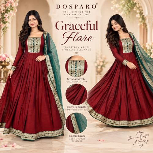 Image of Elegant Vichitra Silk Gown with Jacquard Zari Border - Includes Soft Net Dupatta with Lace Trim - Parrty Wear Ethnic Dress for Women & Girls