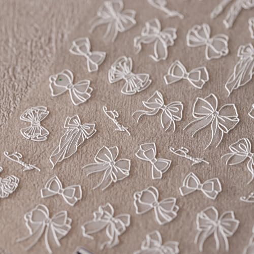 Image of 5D Embossed Bow Nail Stickers for Nail Art White Bow Kont Nail Art Stickers Self-Adhesive for Women Manicure Charms Supplies 1 Sheets