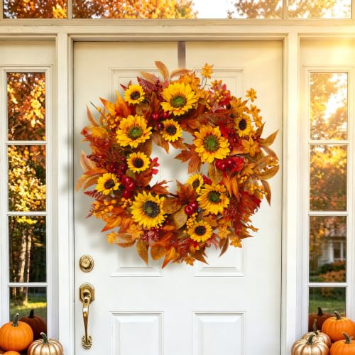 Image of 24 Inch Harvest Fall Wreaths for Front Door with Sunflower and Red Berries