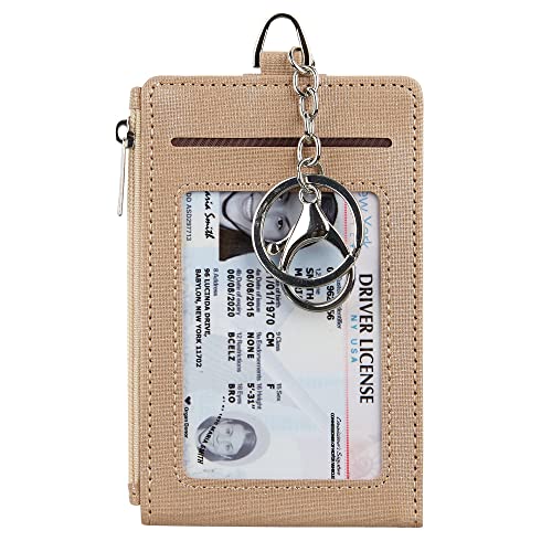 Image of Women & Men Keychain 7 Card Slots Card Holder Case Zipper Slim Minimalist Front Pocket Wallet with 2 ID Window, Champagne Gold, 7 Cards, Minimalist