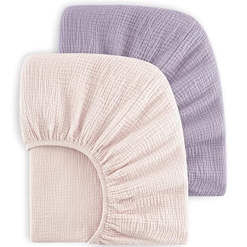 Image of Bearmoss Muslin Crib Sheets - 100% Cotton Baby Crib Sheets Fitted for Standard Crib Mattress & Toddler Bed Mattress 52"x28" Soft Breathable Crib Sheet Neutral for Boys Girls - 2 Pack (Pink Purple)