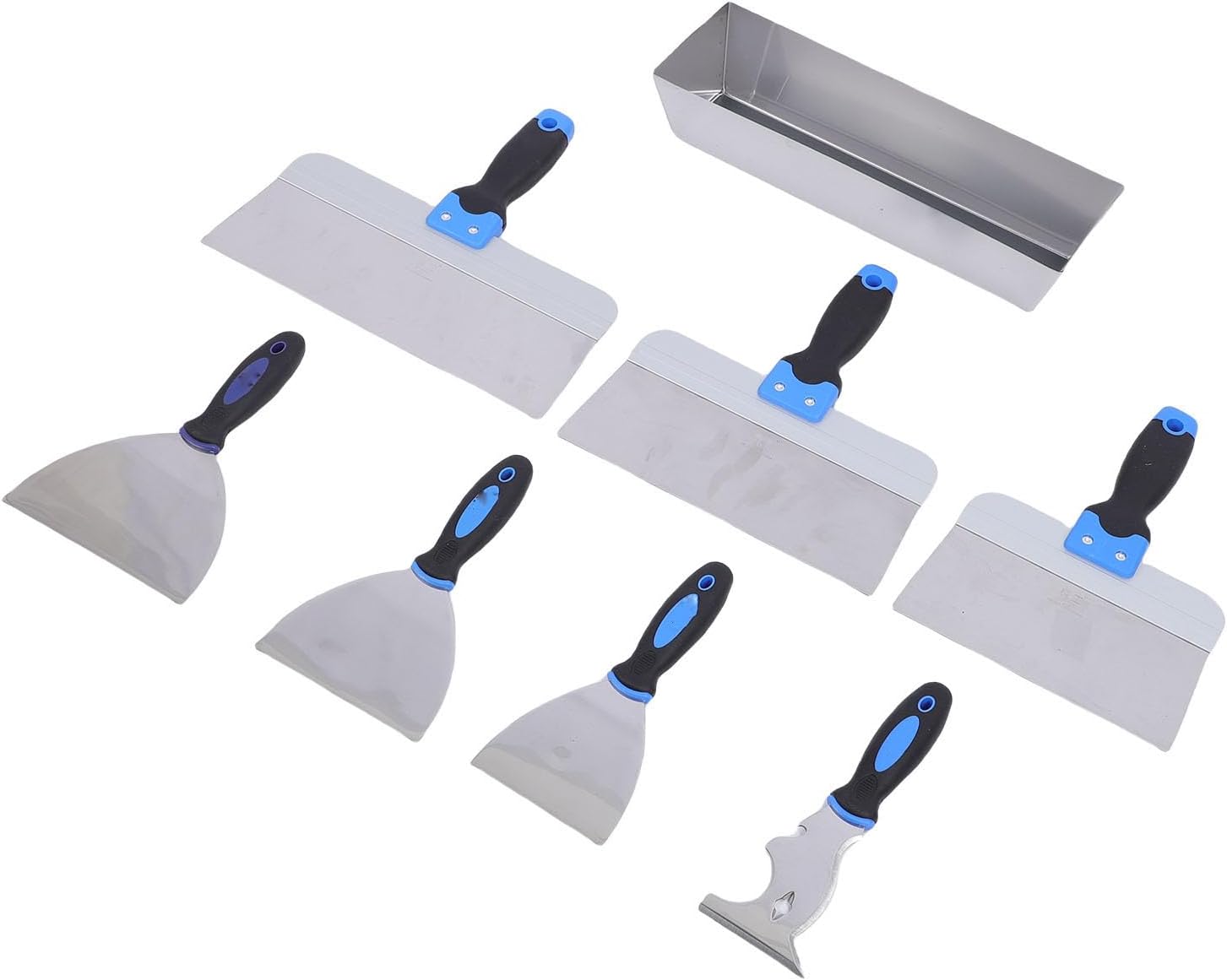 8Pcs Stainless Steel Drywall Cutter Set, Heavy Duty Mud Pan Putty Taping Tools, Ergonomic Grip Tools with Hammer End, Ideal for Wall Repair, Paint Scraping & Joint Compound