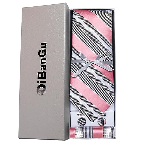 Image of DiBanGu Mens Striped Tie Silk Woven Necktie and Pocket Square Cufflinks Tie Clip Set Wedding Business Formal Gift Tie for Men