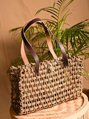 Image of KADAM HAAT Handmade Sabai Grass Lunch Bag for Women | Mesh Tiffin Bag for School & Office | Eco Friendly Carry Bag with Leather Handle | Natural Fiber Artisan Bag | Small | Beige