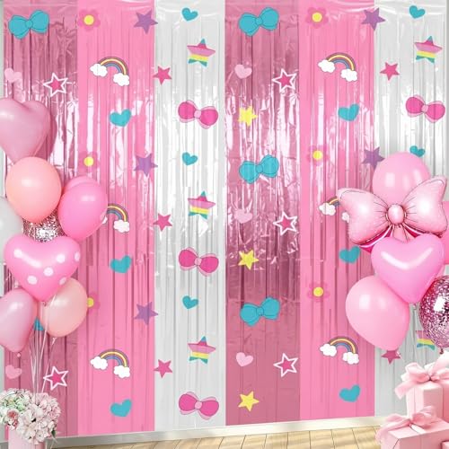 Image of Tiamon 2 Pack Kitty Party Decorations 3.3 x 6.6 Ft Foil Fringe Curtains Cartoon Cat Bow Rainbow Birthday Backdrop Tinsel Streamers Photo Booth for Kawaii Theme Baby Shower Party Supplies