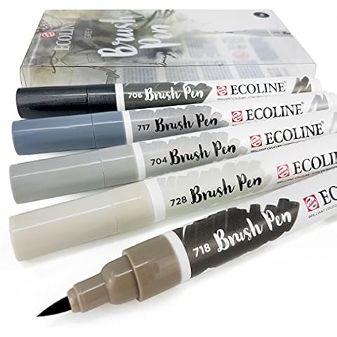 Royal Talens - Ecoline Liquid Watercolour Drawing Painting Brush Pens - Set of 5 in Plastic Wallet - Grey Cover