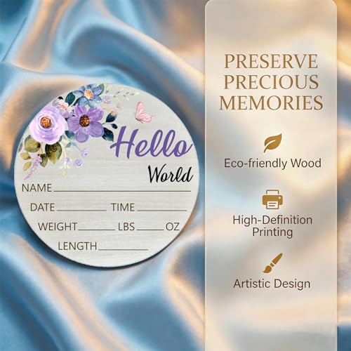 Image of Purple Rose Baby Announcement Sign, Wooden Nursery Name Plaque 6in | Purple Rose Themed Wooden Name Sign for Newborn Announcement, Nursery Decor, Baby Shower Gifts, Records Name, Date & Weight