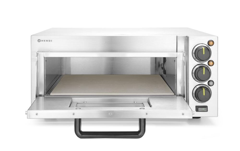 HENDI Horno profesional compacto para pizzas, horno eléctrico, para pizzas hasta diámetro 39cm, 50˚C~350˚C, 230V, 2000W, 580x560x(H)275mm, plateado, cuerpo de acero inoxidable AISI 430