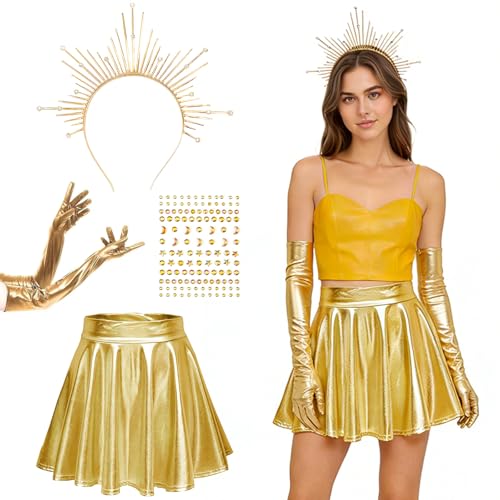 CHENBOOW Costume de Déesse du Soleil,Serre-tête Halo,Déesse du Soleil Deguisement,Jupe Plissée,Déesse du Soleil Accessoires de Costume,pour Femme Carnaval...