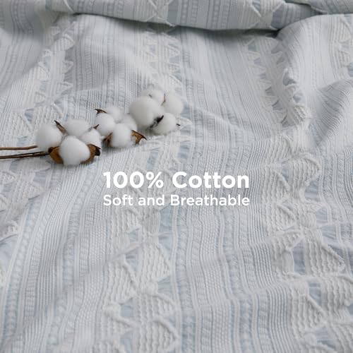 Image of Bedsure Sky Blue Queen Size Comforter Set - Soft Cotton Bedding Set for All Seasons, Stripe Fluffy Bed Set 3 Pieces with 1 Waffle Weave Comforter Queen Size and 2 Pillow Shams