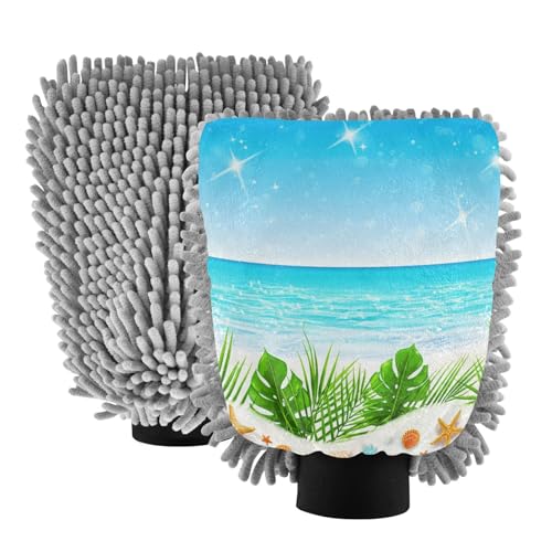 Kigai Tropical Beach Car Wash Mitt Microfiber, 2Pcs Scratch Free Lint-Free, Premium Chenille Microfiber Mitt Car Wash Brush-M