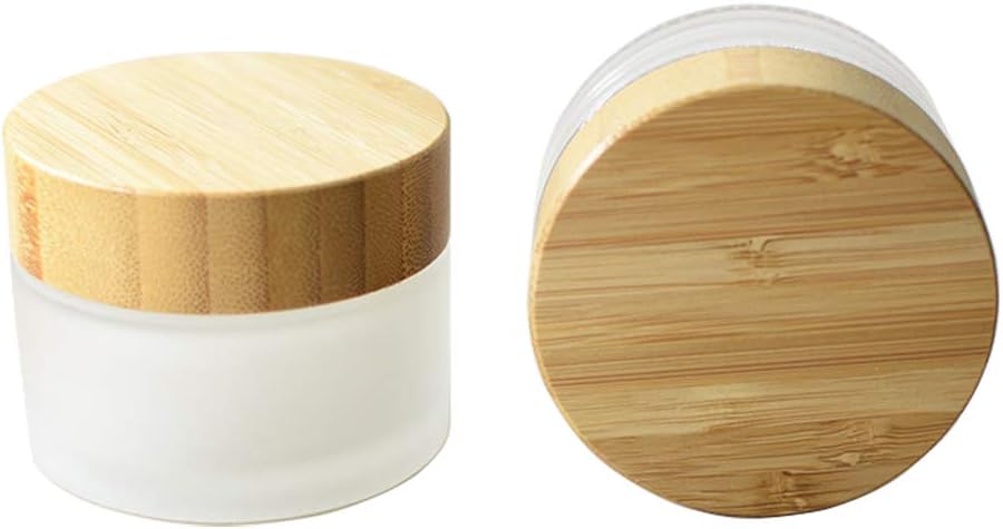 2 Pack 30ml/1oz Frosted Glass Jar Pot Refillable Empty Glass Face Cream Makeup Container Cosmetics Jar With Natural Bamboo Lids and Inner Liners Homemade lotion Travel Bottle Packaging