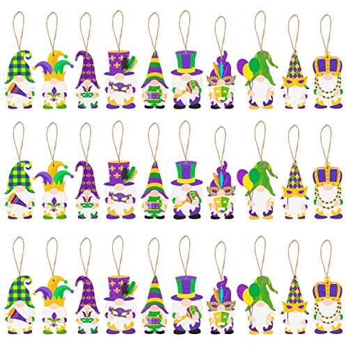 Haooryx Lot de 30 nains de jardin en bois Mardi Gras avec corde, décoration à suspendre, décoration de cadeau, décoration en bois pour Mardi Gras Cover