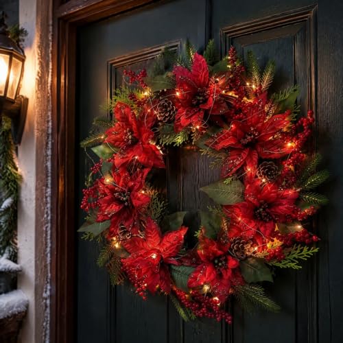 Christmas Wreath with Lights 15.7 Inch Real Touch Red Poinsettia Wreath - image 4