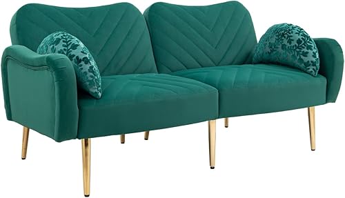 TRIPLE TREE Sofá cama futón convertible, sofá biplaza tapizado de terciopelo con 2 almohadas de cojín, sofá moderno con patas de metal dorado, sofá