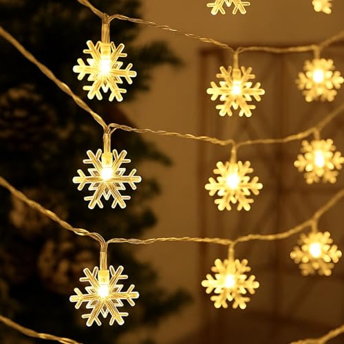 Image of MPROW Christmas Snowflake Lights, Warm White LED Fairy String Lights, 20LED Battery Powered Waterproof Decorative Hanging Lights for Xmas Tree, Holiday, Wedding, Indoor /Outdoor Garden Decor