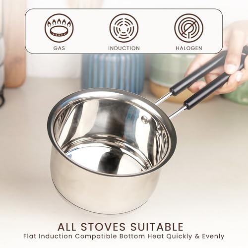 Image of The Earth Store Stainless Steel Sauce Pan 1200 ML | Heavy Gauge Sandwich Bottom Saucepan with Bakelite Handle | Induction & Gas Compatible Tea Pan | Milk Pan