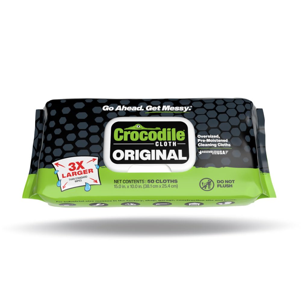 Crocodile Cloth Original Cleaning Wipes – 50 (15” x 10”) Hand & Tool Industrial Cleaning Wipes – Large Multi-Surface Cleaning Cloths, Water-Based Solution with Extreme Cleaning Power — Safe on Skin