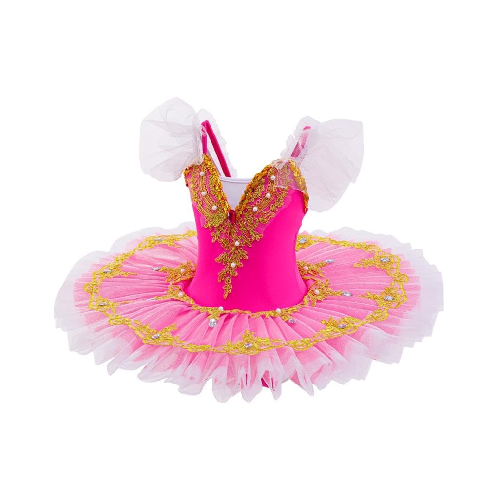 Lito Angels Vestido Tutú de Ballet para Niña, Traje de Bailarina con Aplique Dorado y Pedrería, Ideal para Baile Actuaciones Escuela Fiesta y Sesiones de Fotos
