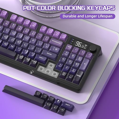 Image of Free wolf M96 Wireless Gaming Keyboard Creamy Membrane 94Key ANSI-Purple | Rainbow Backlight,Media Knob,LCD Screen,Dual Mode-Bluetooth /2.4Ghz,Ball Shape PBT Keycap,3000mAh battery for Win Mac PC Gamer