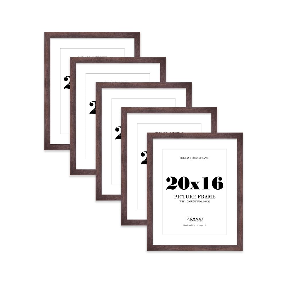 20x16" Walnut Frame With Mount for 16x12" Pictures 28mm Edge Portrait and Landscape Display with Wall Hooks, 5 Pack