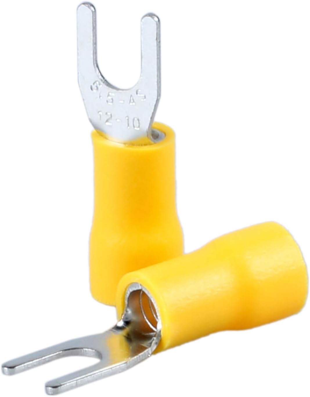 100pcs SV5.5-4 Insulated Fork Spade Wire Connectors, U-Type Electrical Wire Crimp Terminals Kit for 12-10AWG(4-6mm) 48A Cable USA Screw#8 (Yellow)