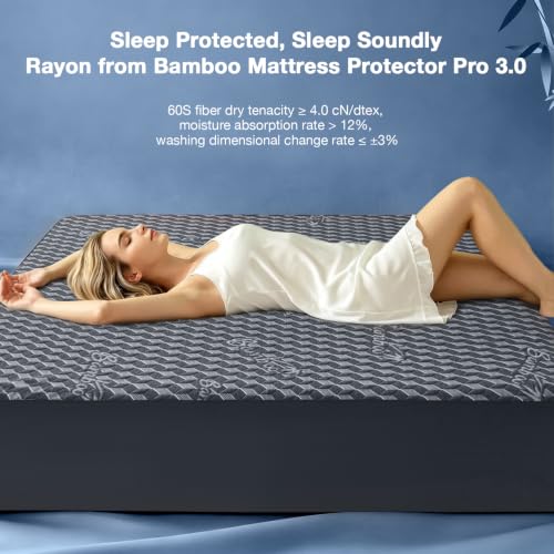 Image of Full Waterproof Mattress Protector Washable Mattress Padded Cover Rayon Bamboo Fitted Full Size Bed Protection Noiseless Plastic Bed Pad Deep Pocket Up 18 inch Soft&Breathable
