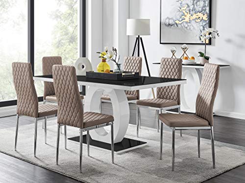 Furniturebox UK - Giovani Modern Black/White High Gloss Glass Dining Table Set and 6 Contemporary Milan Chairs Set (Dining Table + 6 Cappuccino Grey Milan Chairs)
