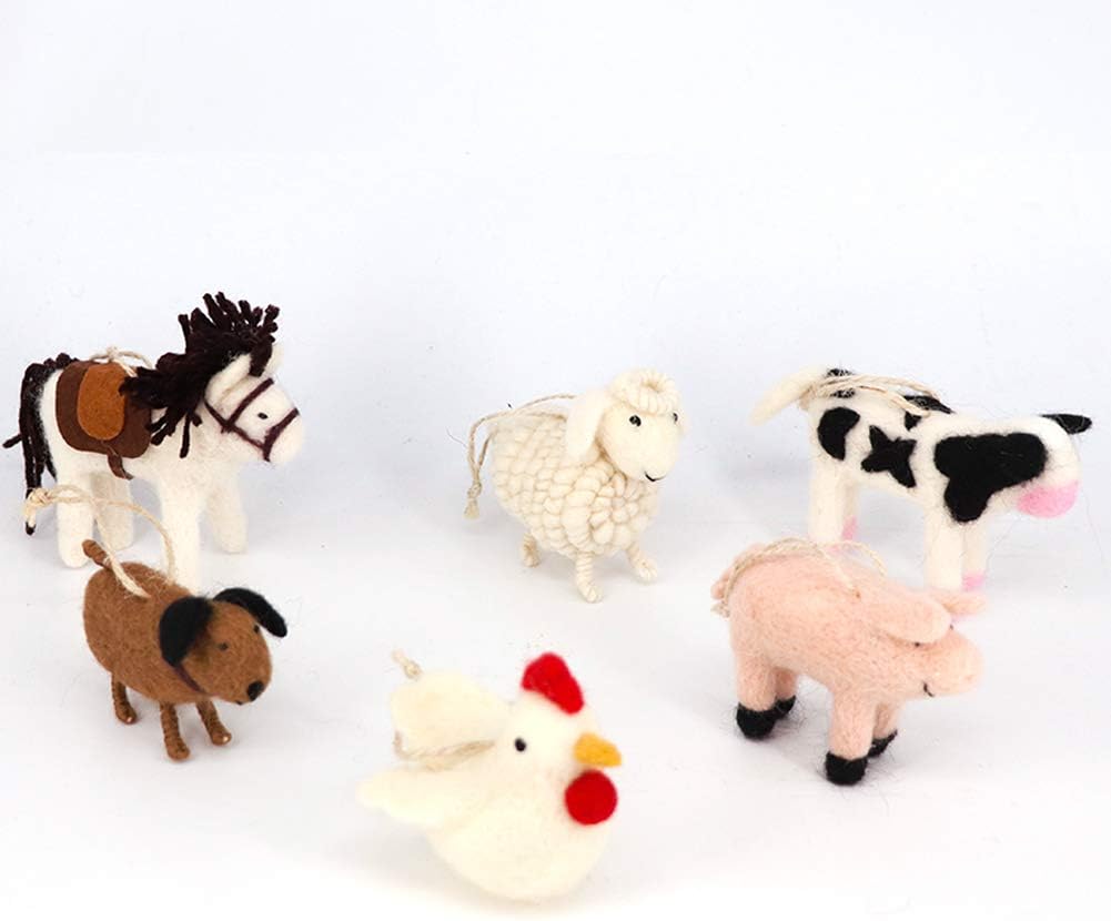 B & D Needle Felt Animal, Needle Wool Domestic Fowl Ornament,White Rooster, Horse, Sheep, Pink Pig, Cow, and Dog, Set of 6 Pieces Birthday Gift