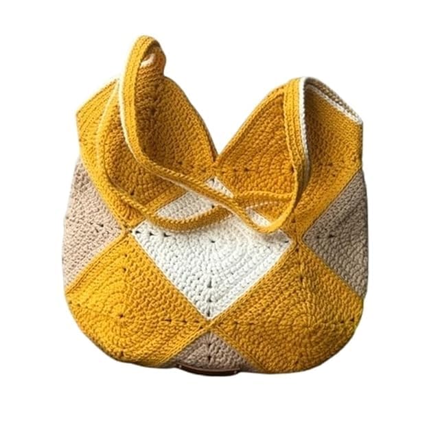 decofay Handmade Crochet Tote Bag, Yellow White Brown Color Block, Knitted Beach Bag with Handles-picture-31
