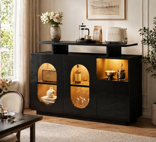 Hennhari Buffet Vitrine LED avec Portes Ovales et Finition Laquée Brillante, Meuble de Rangement avec Tiroirs et Étagères Réglables pour Salon ou Salle à...