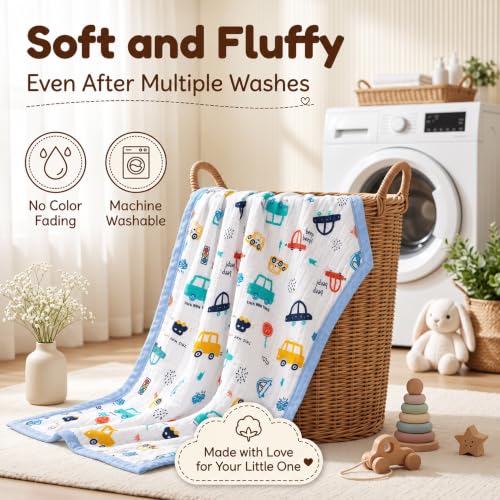 Image of StarAndDaisy Muslin Cotton Blanket 110 x 110 cm, Soft Lightweight Baby Blanket with Colorful Car Print, Breathable Muslin Wrap for Newborns, Infants and Toddlers.