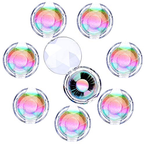 8 Pieces Empty Crystal Round Lash Box Plastic Clear False Eyelashes Storage Case Eyelash Packaging Container with Colorful Card for Women Girls False Eyelash Use (Holographic)
