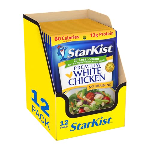 StarKist 25% Less Sodium Premium White Chicken, 2.6oz Pouch, 12-Pack