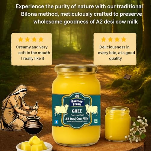 Image of Farmer Fresh A2 Desi Cow Ghee 500ml - Pure & Natural | Traditional Bilona Method | Curd-Churned for Nutrition | Ideal for Daily Cooking | Desi Ghee from Cow Milk