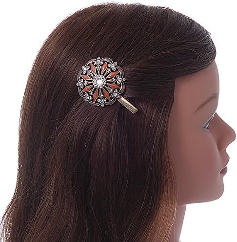 Vintage Inspired Clear Crystal Orange Enamel Flower Hair Beak Clip/Concord Clip/Clamp Clip In Gold Tone - 60mm L - Image 3