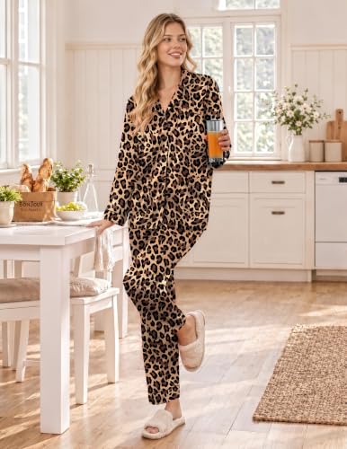 Ekouaer Silk Pajamas for Women Sets Long Sleeve Button Down Pjs Leopard - image 6